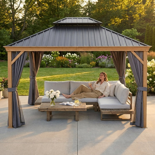 Patio Gazebo Built for Year-Round Use, 12x16 Hardtop, Wood Grain Aluminum, Netting and Curtains