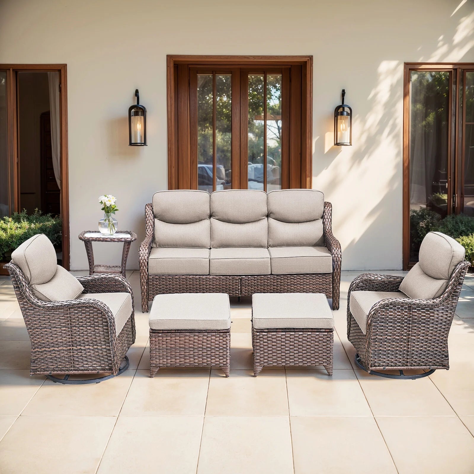 6 Pieces Outdoor Patio Furniture Set with Swivel Rocker Chairs and 6" Thick Cushions,Wicker Conversation Set with Sectional Sofa Coffee Table for Porch Deck Backyard Poolside