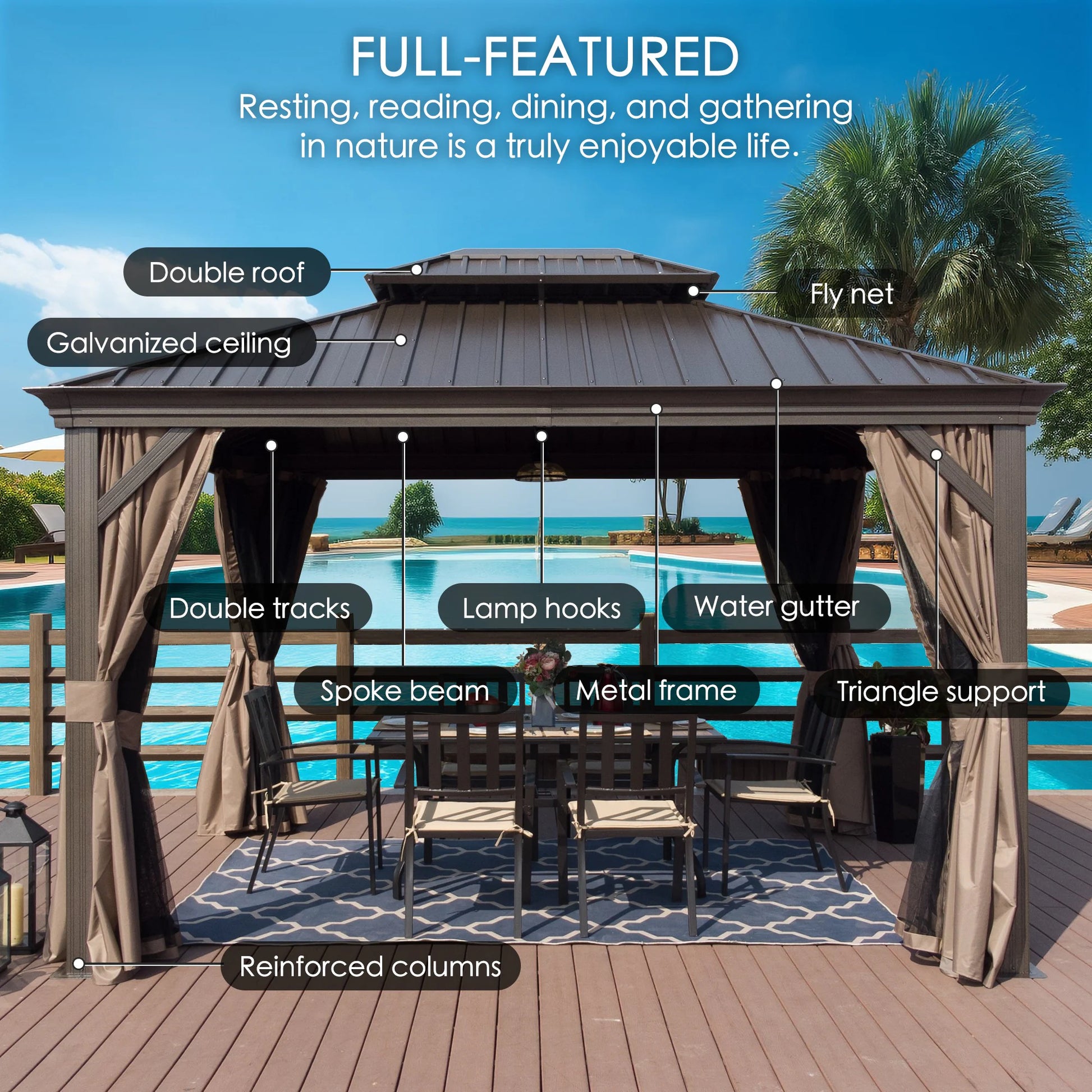 12-Ft X 14-Ft Alexander Dark Brown Gazebo with Hardtop Roof (Screen Included)